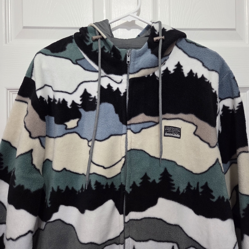 Free Nature Mountain Pattern Full Zip up Polar Fleece Hooded Jacket Size Large - Picture 5 of 13